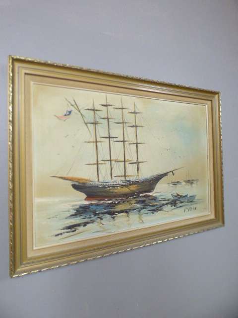 A beautiful signed and framed "V Vaseo" oil painting of a sailing ship in gorgeous condition