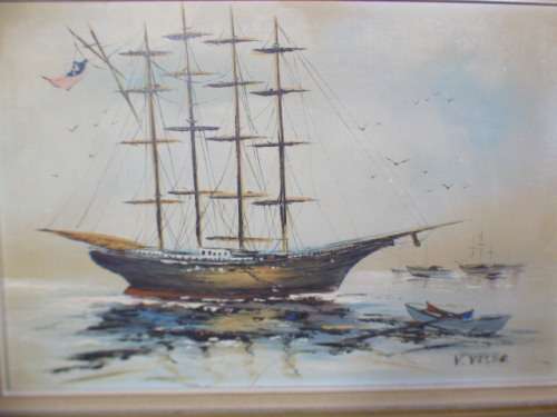 A beautiful signed and framed "V Vaseo" oil painting of a sailing ship in gorgeous condition