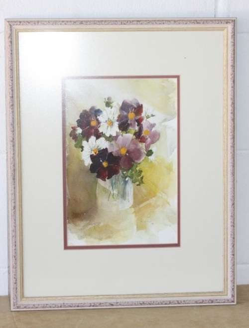 A beautifully painted framed original signed watercolour painting of a vase of Cosmos RS17