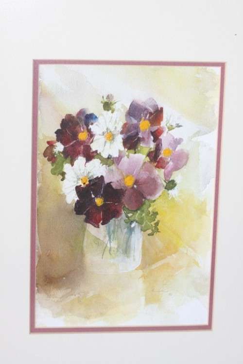 A beautifully painted framed original signed watercolour painting of a vase of Cosmos RS17