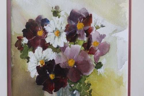 A beautifully painted framed original signed watercolour painting of a vase of Cosmos RS17