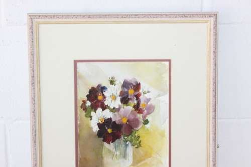 A beautifully painted framed original signed watercolour painting of a vase of Cosmos RS17