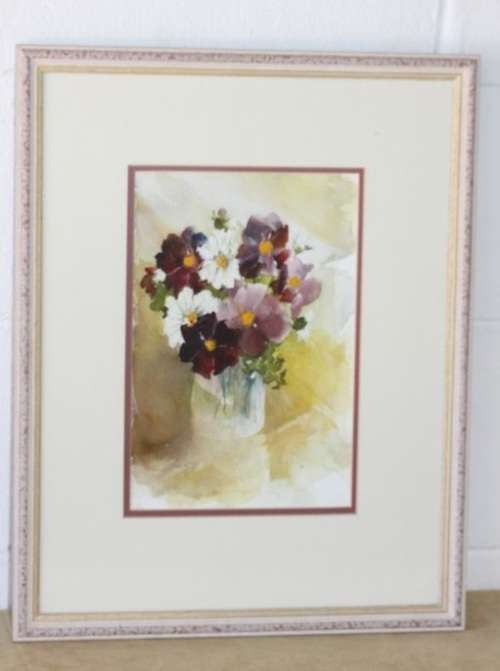 A beautifully painted framed original signed watercolour painting of a vase of Cosmos RS17