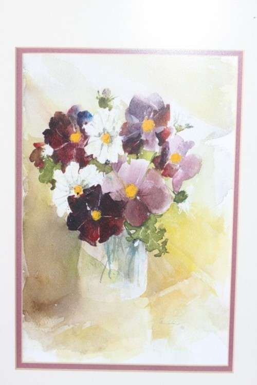 A beautifully painted framed original signed watercolour painting of a vase of Cosmos RS17