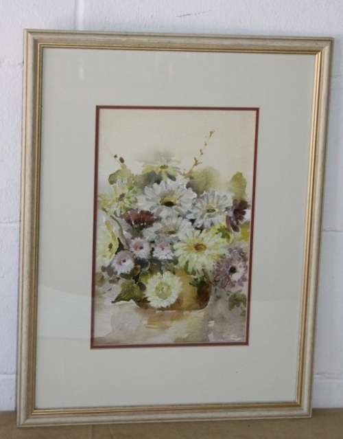 An exquisitely painted framed original signed watercolour painting of a vase of flowers RS17