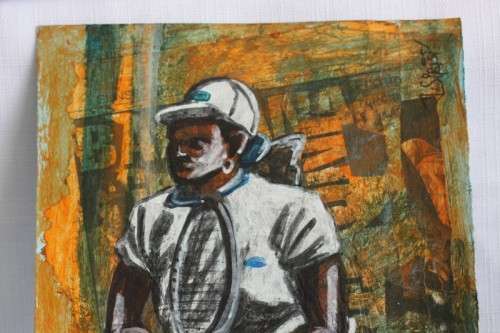 An awesome original signed unframed "Dumisani Sibisi" mixed media painting titled "Game, Set, Match"