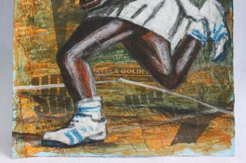 An awesome original signed unframed "Dumisani Sibisi" mixed media painting titled "Game, Set, Match"