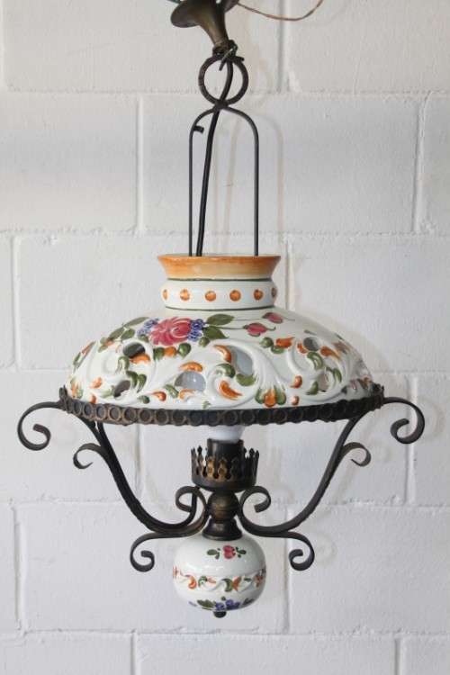 A stunning "Capodimonte" style porcelain & wrought iron chandelier w/ XL globe in amazing condition