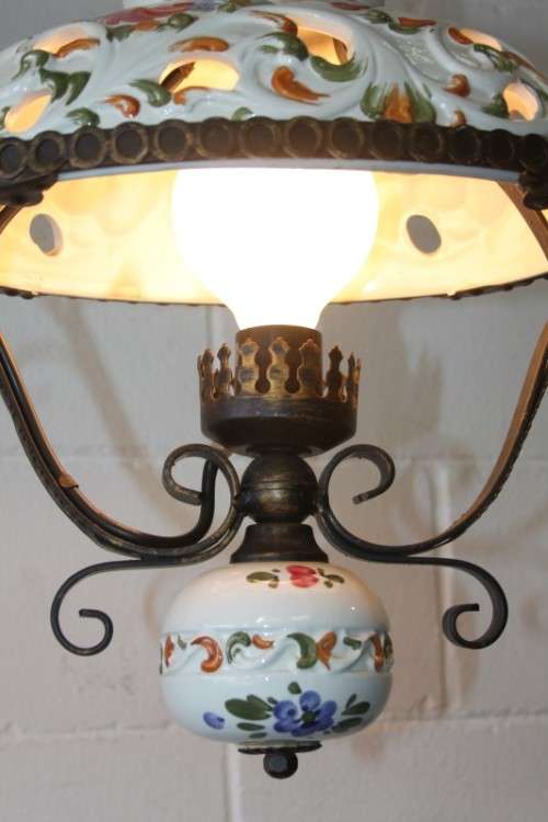 A stunning "Capodimonte" style porcelain & wrought iron chandelier w/ XL globe in amazing condition