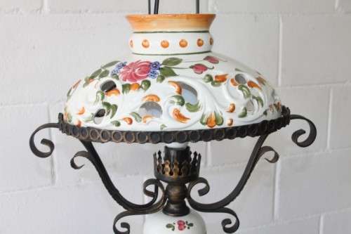 A stunning "Capodimonte" style porcelain & wrought iron chandelier w/ XL globe in amazing condition