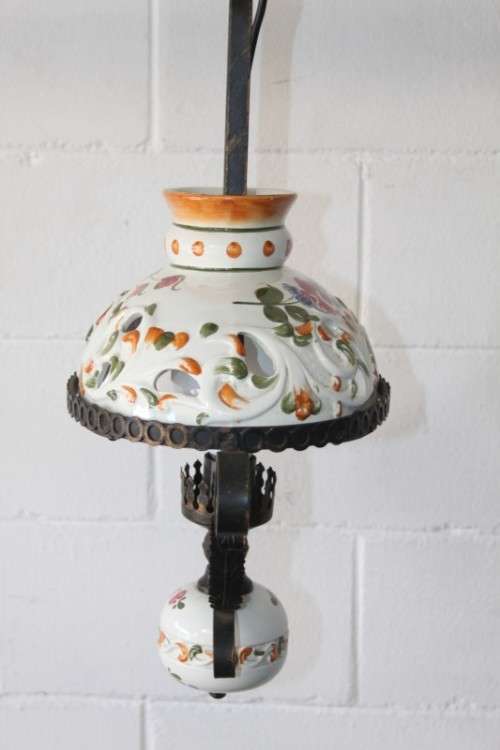 A stunning "Capodimonte" style porcelain & wrought iron chandelier w/ XL globe in amazing condition