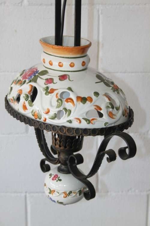 A stunning "Capodimonte" style porcelain & wrought iron chandelier w/ XL globe in amazing condition