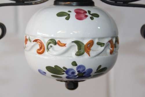 A stunning "Capodimonte" style porcelain & wrought iron chandelier w/ XL globe in amazing condition