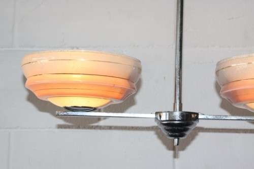 An exquisite Art Deco chrome plated ceiling lamp with stunning pink glass shades in great condition
