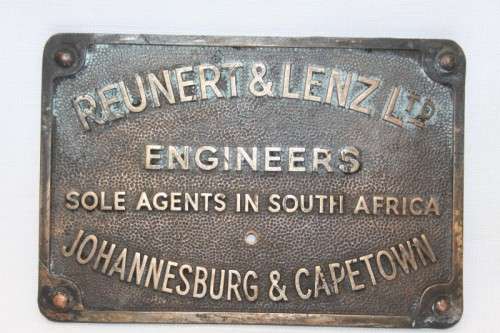 An awesome and rare "Reunert & Lenz Ltd" Engineers Sole Agency in South Africa bronze plaque