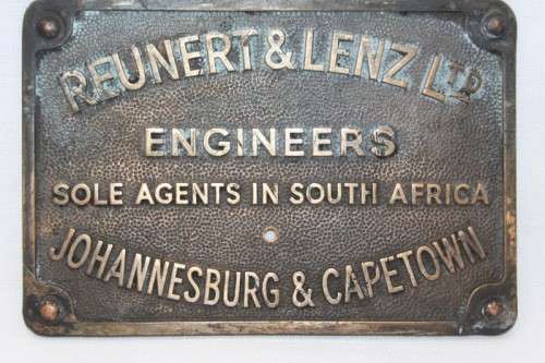 An awesome and rare "Reunert & Lenz Ltd" Engineers Sole Agency in South Africa bronze plaque