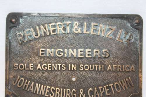 An awesome and rare "Reunert & Lenz Ltd" Engineers Sole Agency in South Africa bronze plaque