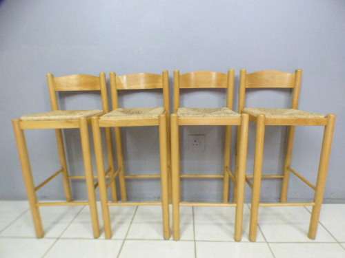 Four awesome yellow wood bentwood bar chairs with wicker seats - Stunning!!   RS17Sale