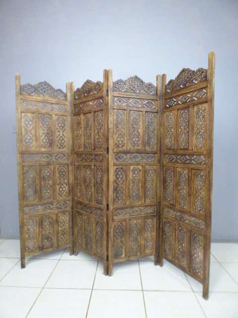 A magnificent antique solid teak 4-panel room divider w/ exquisite hand carved detailing! Gorgeous!