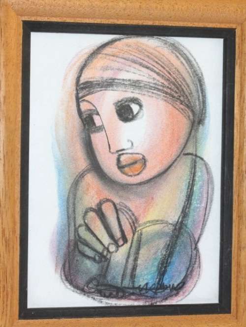 Awesome original framed Godfrey Ndaba expressionism mixed media drawing - RS17Sale