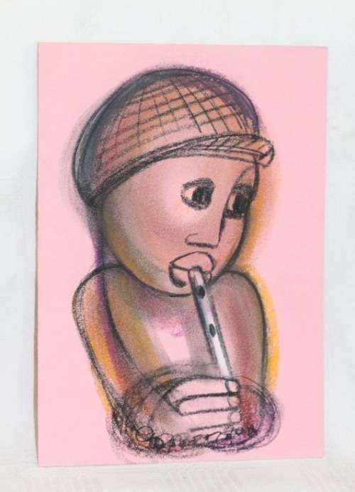 Incredible original unframed Godfrey Ndaba expressionism mixed media drawing, Flute Player- RS17Sale
