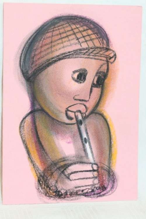 Incredible original unframed Godfrey Ndaba expressionism mixed media drawing, Flute Player- RS17Sale