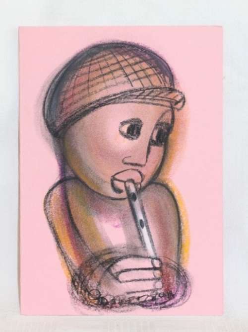 Incredible original unframed Godfrey Ndaba expressionism mixed media drawing, Flute Player- RS17Sale