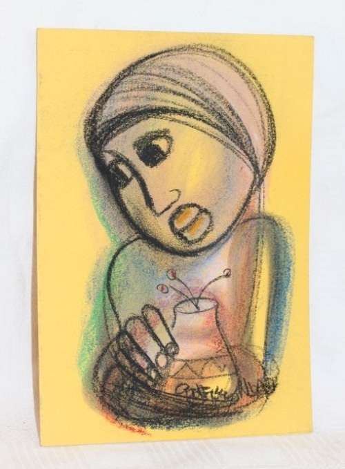 Amazing original unframed Godfrey Ndaba expressionism mixed media drawing - Flower vase - RS17Sale
