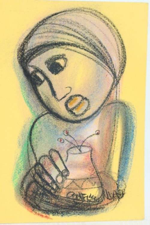 Amazing original unframed Godfrey Ndaba expressionism mixed media drawing - Flower vase - RS17Sale