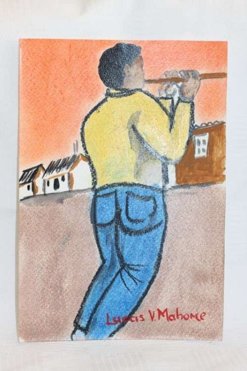 Awesome original signed unframed "Lucas V. Mahome" watercolour painting of a flute player - RS17Sale