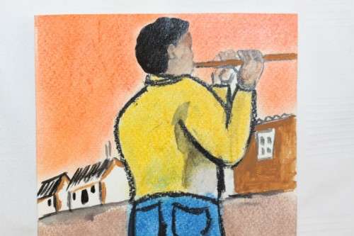 Awesome original signed unframed "Lucas V. Mahome" watercolour painting of a flute player - RS17Sale
