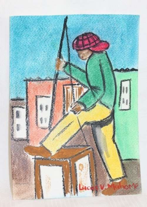 A vibrant signed unframed Lucas V. Mahome watercolour painting of a "township" double bass player