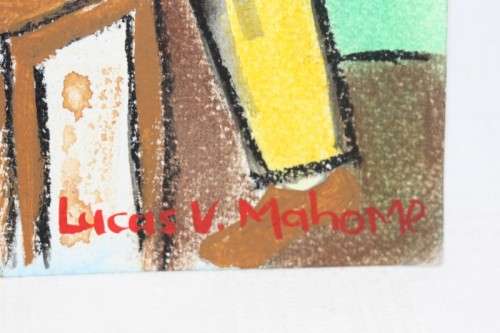 A vibrant signed unframed Lucas V. Mahome watercolour painting of a "township" double bass player
