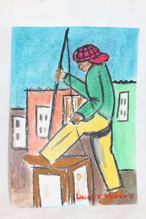 A vibrant signed unframed Lucas V. Mahome watercolour painting of a "township" double bass player