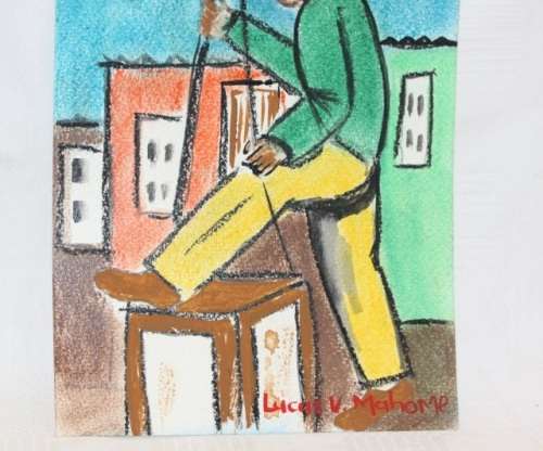 A vibrant signed unframed Lucas V. Mahome watercolour painting of a "township" double bass player