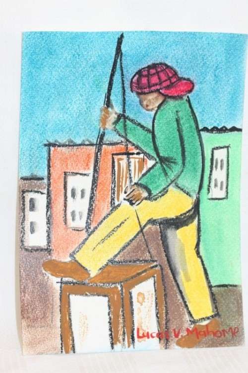 A vibrant signed unframed Lucas V. Mahome watercolour painting of a "township" double bass player