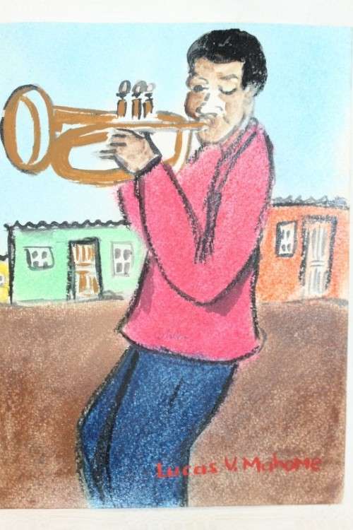 Superb original signed unframed "Lucas V. Mahome" watercolour painting of a trumpet player RS17Sale