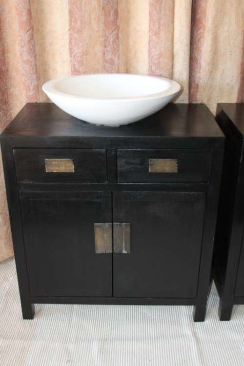 Two stunning ebony stained wooden vanity stands with basins and ample packing space - bid/stand
