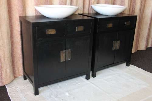 Two stunning ebony stained wooden vanity stands with basins and ample packing space - bid/stand