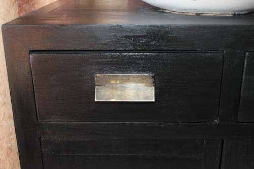 Two stunning ebony stained wooden vanity stands with basins and ample packing space - bid/stand