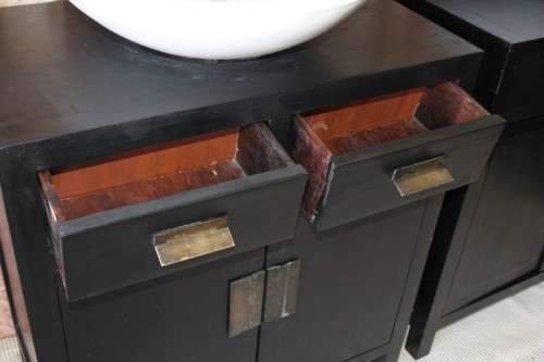 Two stunning ebony stained wooden vanity stands with basins and ample packing space - bid/stand