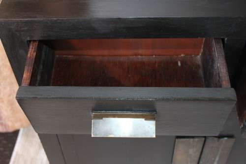 Two stunning ebony stained wooden vanity stands with basins and ample packing space - bid/stand