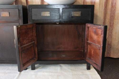 Two stunning ebony stained wooden vanity stands with basins and ample packing space - bid/stand