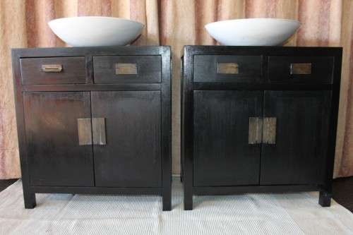 Two stunning ebony stained wooden vanity stands with basins and ample packing space - bid/stand