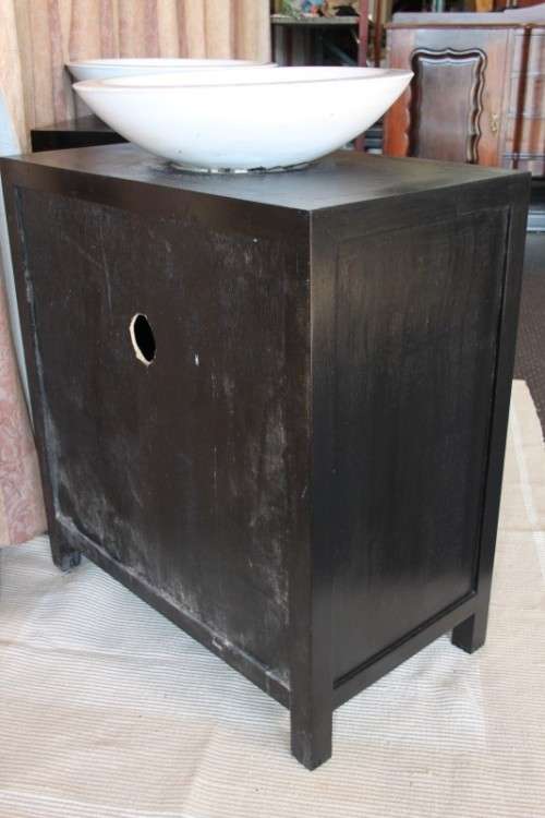 Two stunning ebony stained wooden vanity stands with basins and ample packing space - bid/stand