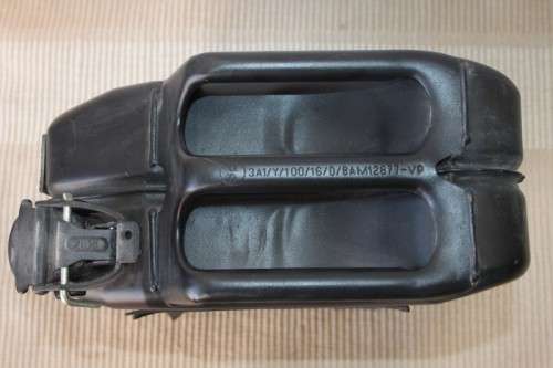 Two durable Front Runner 20 litre matte black metal Jerry Cans and a 5 litre metal fuel can