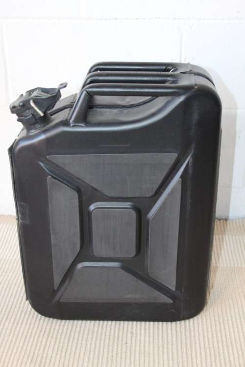 Two durable Front Runner 20 litre matte black metal Jerry Cans and a 5 litre metal fuel can