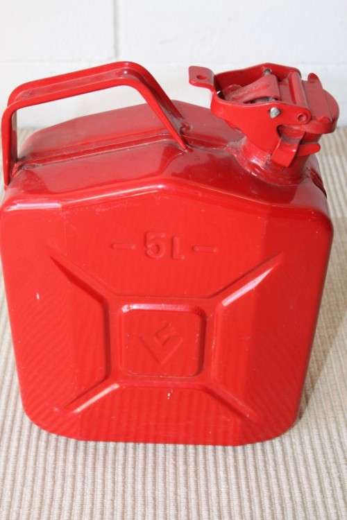 Two durable Front Runner 20 litre matte black metal Jerry Cans and a 5 litre metal fuel can