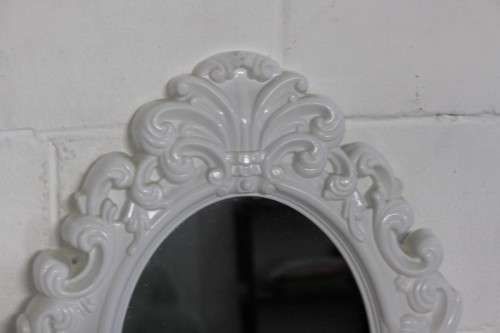 A stunning white ornately moulded oval wall mirror in awesome condition; Perfect to paint technique