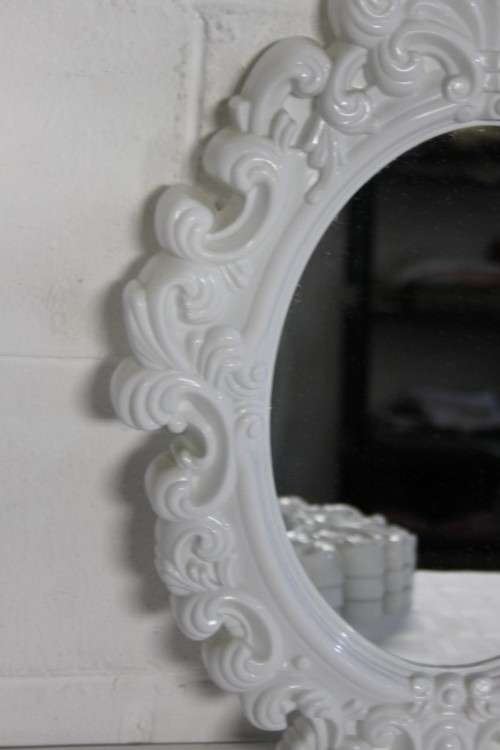 A stunning white ornately moulded oval wall mirror in awesome condition; Perfect to paint technique